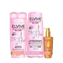 Kit L'Oréal Paris Elvive Óleo Extraordinario 100 ml + Elvive Acondicionador Glycolic Gloss, con Ácido Glicólico, 370 ml + Shampoo Glycolic Gloss, con Ácido Glicólico, 370 Ml