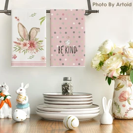 Artoid Mode Pink Bunny Rabbit Ears Floral Leaves Easter Kitchen Towels Dish Towels, 18x26 Inch Be Kind Seasonal Decoration Hand Towels Set of 4