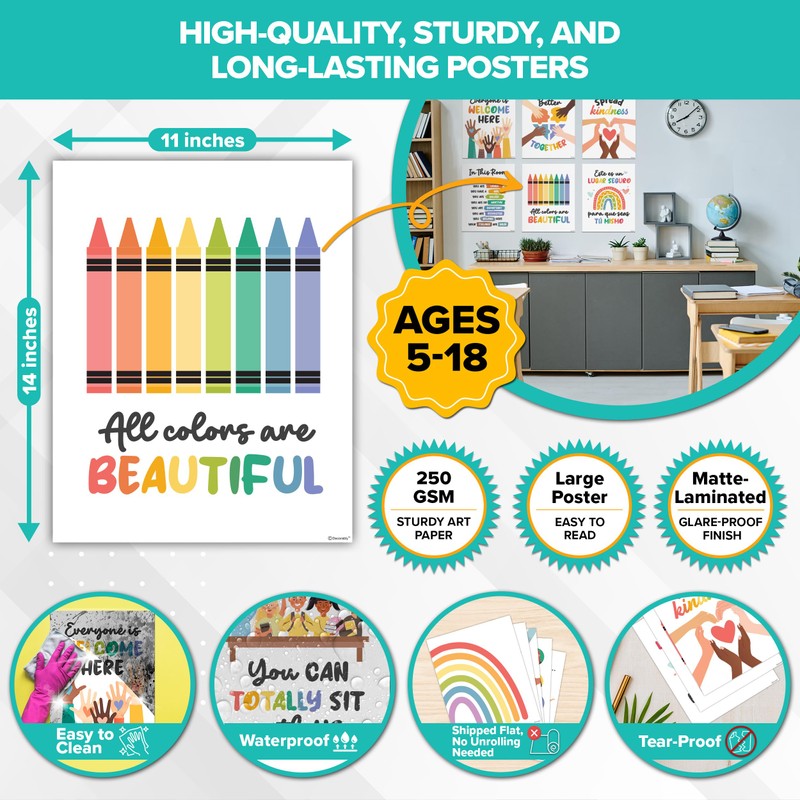 Decorably 12 Diversity Posters for Classroom, 11x14in Matte-Laminated Inspirational Inclusive