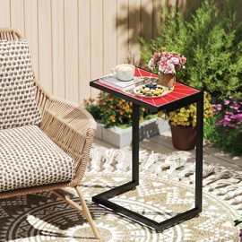 Tangkula C-Shaped Outdoor Side Table, w/Ceramic Top & Anti-Rust Metal Frame, Small Patio End Table for Couch, Sofa & Bed, Outdoor & Indoor Accent Furniture for Living Room, Poolside, Balcony (1, Red)
