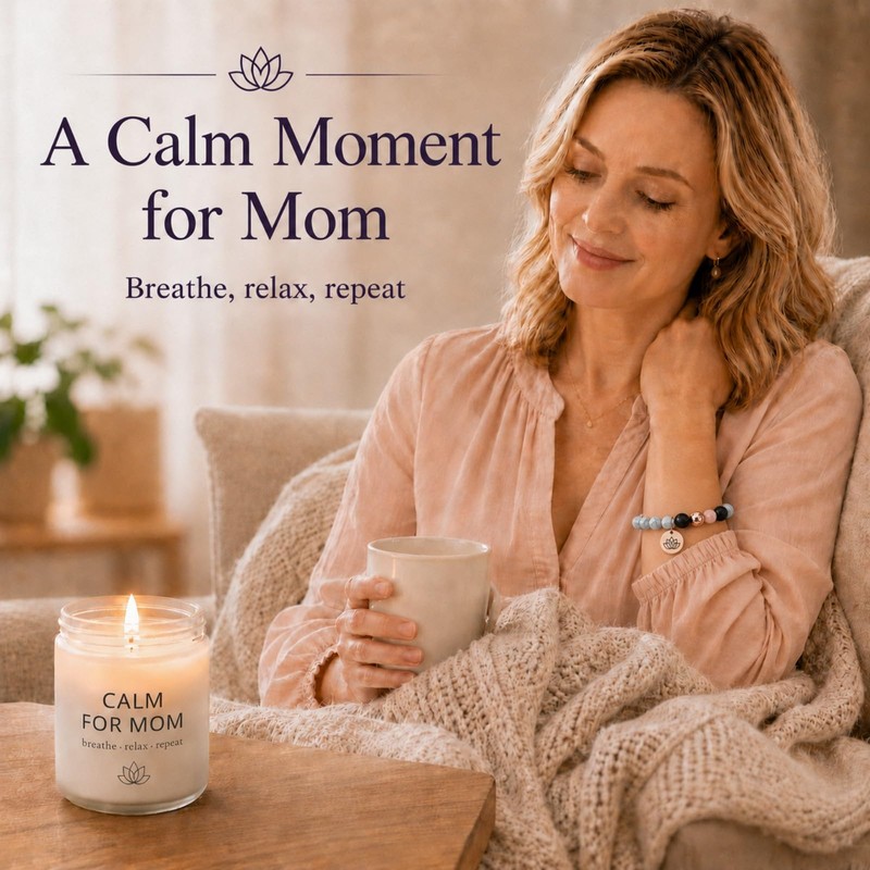 Gifts for Mom, Calm Candle and Stretch Lava Stone Bracelet