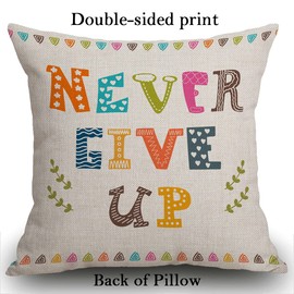 Smooffly Inspiring Quote Cotton Linen Square Decorative Throw Pillow Case Cushion Cover Never Give Up Pillow Case Decorative 18 x 18 Inches Outdoor Cushion Couch Sofa Pillowcase 45x45cm