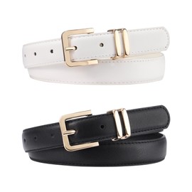 Monopa 2 Pack Girls Leather Belt for Kids Jeans with Gold Square Buckle, Black/White, Fit Waist 30-34in