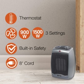 Lasko Electric Ceramic Space Heater with Tip-Over Safety Switch for Home, Overheat Protection, Thermostat and Extra Long Cord, 2 Speeds, 9.2 Inches, Dark Gray, 1500W, 754201