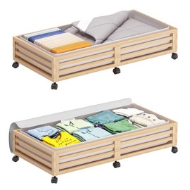 Wisuce Bamboo Under Bed Storage Containers- Underbed Organizer with Wheels with Large Dust Bag,Sturdy Wood Rolling Under the Bed Shoe Storage Organizer Drawer 2 Packs (Nature, Long)