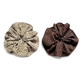 2 Pack Oversized Satin Scrunchies for Women, Jumbo Leopard Print Hair Ties for Thick, Curly and Long Hair, Soft Elastic Ponytail Holders, Beige and Brown