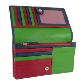 Womens Leather Flapover Matinee Organiser Purse RFID Protection 10 Cards, Notes and Coins (Navy/Green Multi)