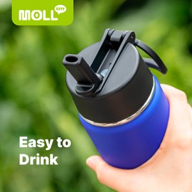 Mollcity 16 oz Water Bottle for Kids with Straw-Stainless Steel Double Wall Vacuum Insulated Wide Mouth Water Bottles for School, Leak-Proof Travel Water Flask(Navy)