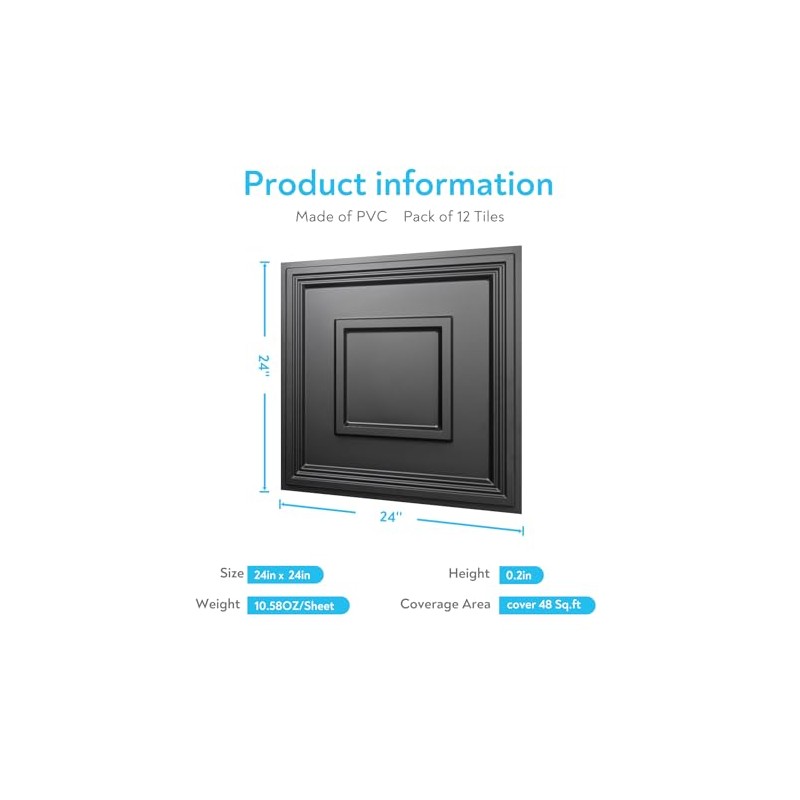 STICKGOO Black Drop Ceiling Tile 2ft x 2ft, Ceiling Panel