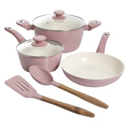 Gibson Home Plaze Café' Forged Aluminum Non-Stick Ceramic Cookware with Induction Base and Soft Touch Bakelite Handle, 7-Piece Set, Lavender Rose