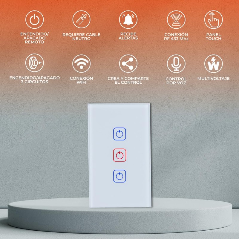 Tecnolite Connect - Apagador Inteligente Táctil WiFi 3 Circuitos, Requiere