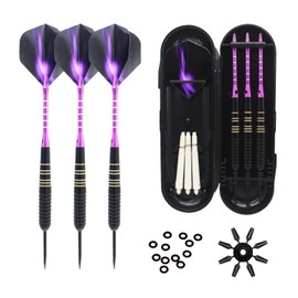 ROOBEEO Steel Tip Darts 3 Pack 23 Grams Professional Darts Metal Tip Set with Brass Barrel Aluminum Shafts Extra 3 PVC Dart Shafts 8 Flight Protectors 12 Rubber O-Rings Dart Storage Case (Purple)