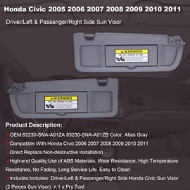 Atlas Gray Left &Right Side Sun Visor Compatible with Honda Civic 2006 2007 2008 2009 2010 2011 Replaces# 83230-SNA-A01ZA 83230-SNA-A01ZB