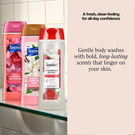 Suave Body Wash Variety 3-Pack – Sweet Vanilla Silk, Strawberry Delight, and Wild Cherry Blossom for Hydrating and Gently Cleansing Skin, 18 Oz Ea