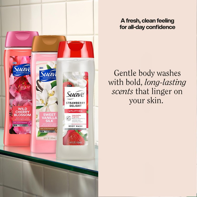 Suave Body Wash Variety 3-Pack – Sweet Vanilla Silk, Strawberry