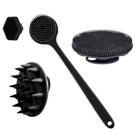 cepillo de silicona para cuerpo - 1 cepillo de limpieza de espalda de mango largo, cepillo de baño corto, cepillo para lavar el pelo y cepillo para lavar la cara, herramientas de limpieza (black)