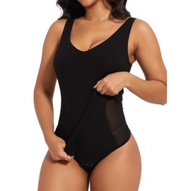 SHAPERIN Shapewear Women's Tummy Control Bodysuit Shape Body String Summer Tank Top with Bra Integrated Shapewear Thong Shaping Bodysuit, V-neck-black