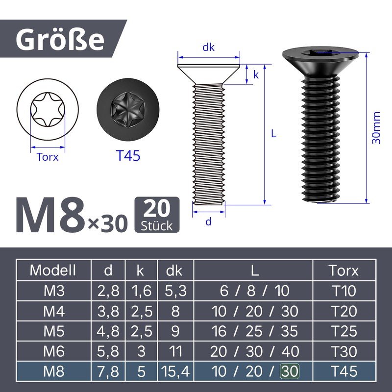 ORTAVA Pack of 20 Countersunk Screws M8 x 30 mm,