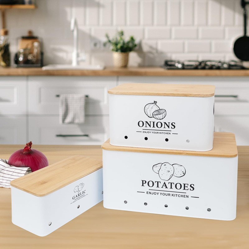 Dekosilave Kitchen Vegetable Storage Set of 3, Metal Onion Garlic