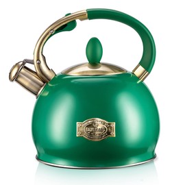 SUSTEAS Stove Top Whistling Tea Kettle - Food Grade Stainless Steel Teakettle Teapot with Cool Touch Ergonomic Handle, With 1 Silicone Pinch Mitt Included, 2.64 Quart (Green)