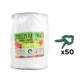 DL Wholesale Soft Mesh Nylon Trellis Netting Bulk Rolls 2X Thick, 5 x 350 ft Heavy-Duty Garden Netting for Climbing Plants + 50 Grow1 Plant Clips, 6’’ Squares, White, 5' x 350'
