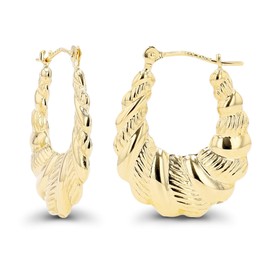 14K Yellow Gold Polished & Textured Twisted Shrimp Hoop Earrings For Women | 2.60x21mm Hoops | Earrings For Sensitive Ears | Solid Gold Earrings For Women