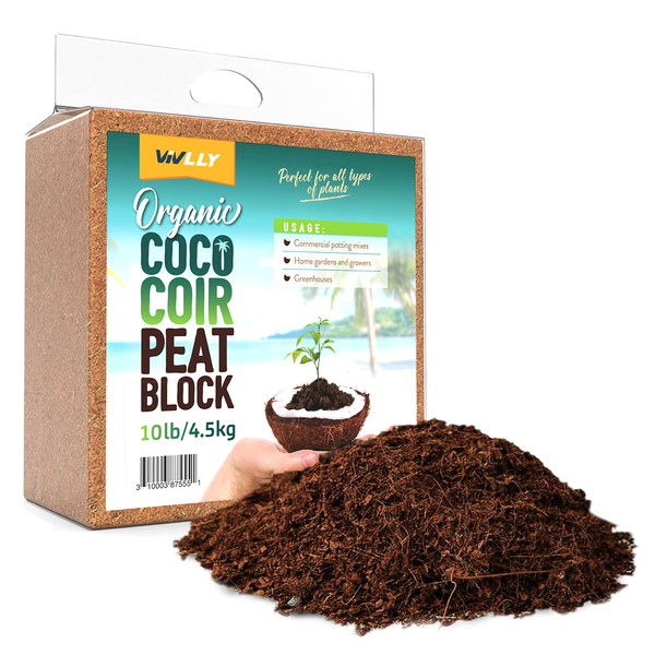 Organic Coco Coir Brick 10 Pounds, Natural Seed Starter with Low EC and pH Balance, Enhance Root Growth in Herbs, Flowers, and House Plants, Organic with High Expansion - by Vivlly