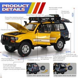 FRJV Toy Cars for Boys Diecast Cars 1 24 Scale Compatible with Land Cruiser LC80 Car Model Collectible,Pull Back Toy Car with Lights and Sounds,Toy Cars for Boys Age 4-7（Yellow）