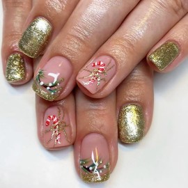 Christmas Press on Nails Short Square Fake Nails With Designs Reusable Red White Crutches Acrylic Christmas Leaves Stick on Full Cover Gold Glitter False Nails for Women Xmas 24Pcs