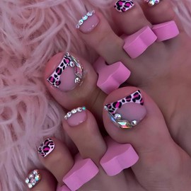 Leopard Print Press on Toenails Diamond Fake Toenails Glossy False Toenail with French Tip Design Nude Glue on Toenails Short Square Acrylic Full Cover Stick on Toe Nails for Women Manicure 24Pcs