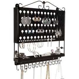 Designers Impressions JR20-FB Flat Black Wall Mounted Organizer Necklace Holder Earring & Jewelry Display Rack with Tray