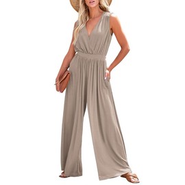 Dokotoo Jumpsuits for Women's Formal One Piece Sexy Long Pants Cruise Outfits Smocket Sleeveless V Neck Waist Outfit Side Pokcet for Wedding,Simply Taupe Large