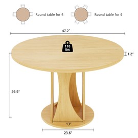 iPormis Round Dining Table, 47'' Kitchen Table for 4-6, Dining Room Dinner Table with Wooden Tabletop & Geometric Arcs Pedestal for Kitchen, Living Room, Home, Office, Oak