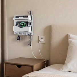 JUMEIHUI Bedside Wall Organizer with 4 Hooks,Adhesive Bedside Shelf Wall Mount,Plastic Phone Shelf,Dorm and Room Accessories,Wall Organizer for Phone,Glasses,Remote,Earphone,Kindle (White)