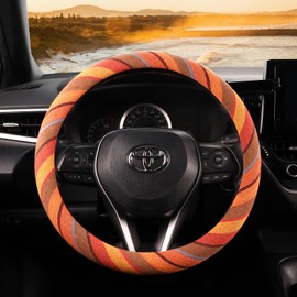 SEG Direct Boho Steering Wheel Cover with Baja Blanket Cloth, Ethnic Style Auto Wheel Cover Made of Coarse Flax, Fits 14 1/2-15 1/4 inches Car Wheel