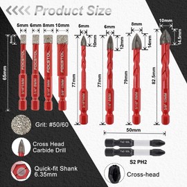 FOCSTOL Diamond Drill Bits Set 10pcs, 3/16''-3/8'' Tile Drill Bit for Drilling Holes in Porcelain Ceramic Tile Marble Granite Glass, Drill Bits with 1/4 Inch Quick Change Hex Shank