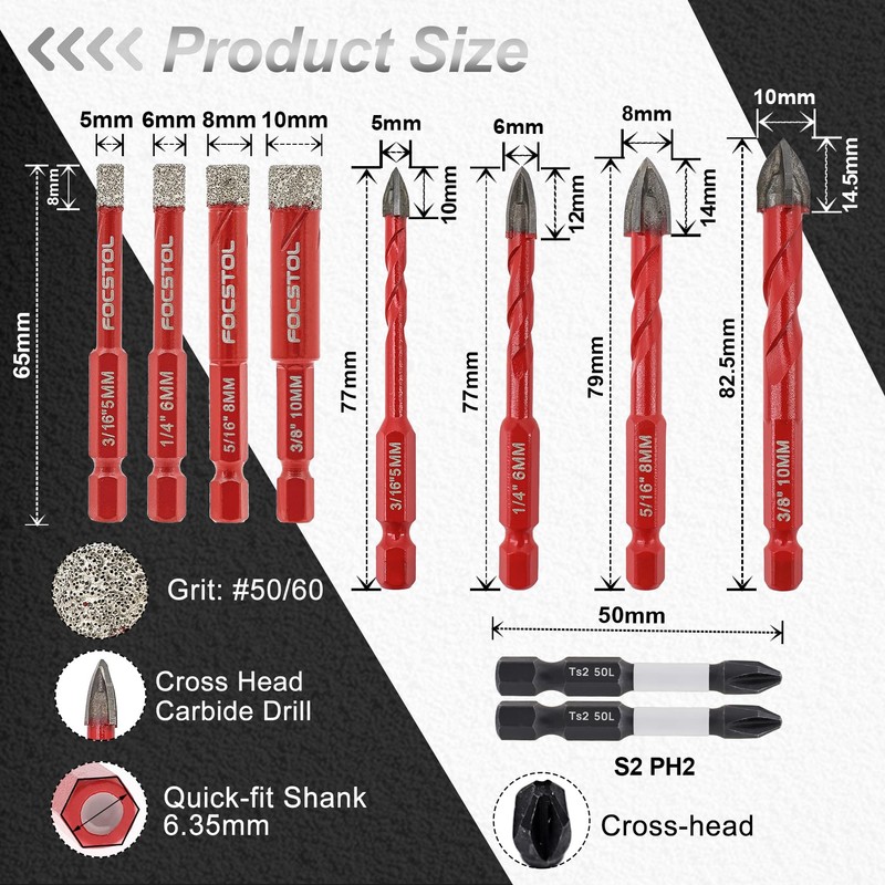 FOCSTOL Diamond Drill Bits Set 10pcs, 3/16''-3/8'' Tile Drill Bit