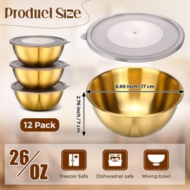 Nuogo 12 Pack 6.69 inches Gold Mixing Bowls with Airtight Lids Gold Serving Bowl Metal Salad Fruit Bowls Stainless Steel Soup Bowls Kitchen Accessories for Lunch Snack