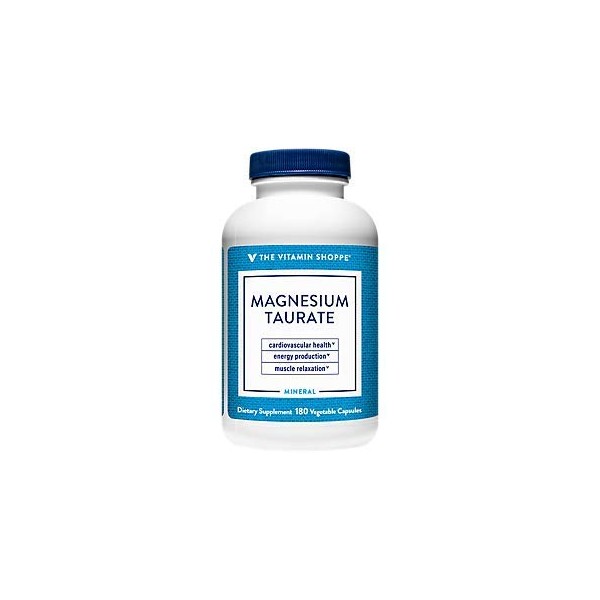 The Vitamin Shoppe Magnesium Taurate 125MG, Supports Energy Production, Muscle Relaxation and Cardiovascular Health, Fully Reacted Mineral Complex (180 Veggie Capsules)