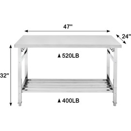Amenitlif 48“ x 24” Stainless Steel Work Table - NSF Commercial Heavy Duty Folding Prep Table with Adjustable Undershelf, Kitchen Prep Work Tables for Restaurant, Food Service, Hotel