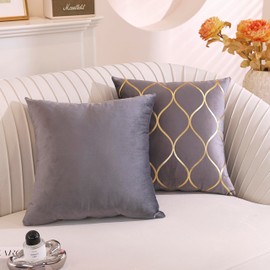 Gyulin Pack of 4 Gold Velvet Throw Pillow Covers 18x18 Inches Solid Square Pillow Covers Geometric Cushion Covers for Couch Sofa Home Bedroom Decor, Grey/Gray