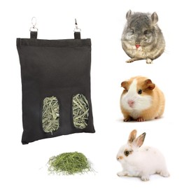 Kaket Rabbit Hay Feeder Bag, Guinea Pig Hay Feeder with Swivel Hooks, Hanging Feeder Bag for Rabbit, Guinea Pig, Chinchilla (Black)