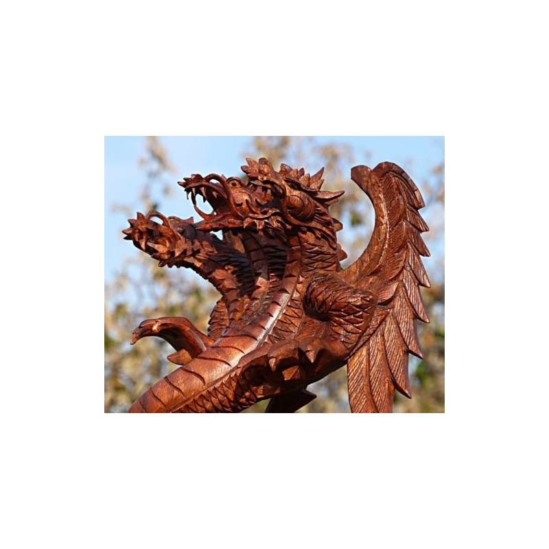 Wogeka 20 cm Three Head Lucky Dragon Wooden Dragon FENG