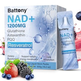 Battony Suplemento líquido NAD+ de 1200 mg – Paquetes líquidos de alta absorción con NMN, resveratrol, glutatión, PQQ – Aumenta la energía celular y e