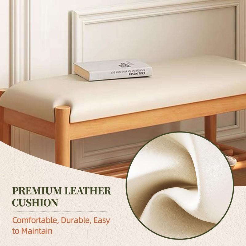 Buzleer Solid Wood Shoe Bench with Cushion, 2-Tier Shoe Rack