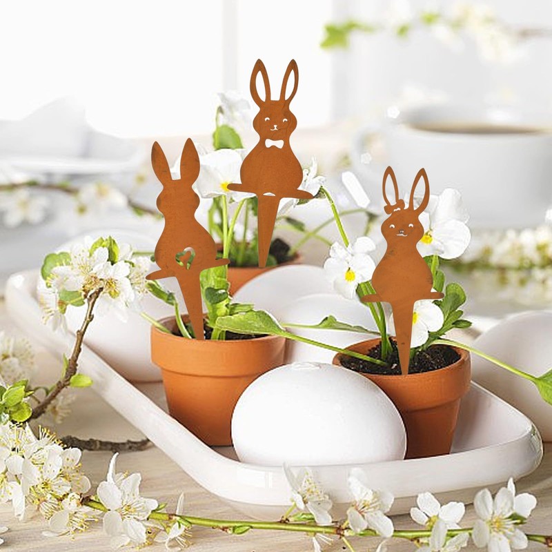 Qooloo Pack of 3 Easter Bunny Garden Stake Rust, Easter