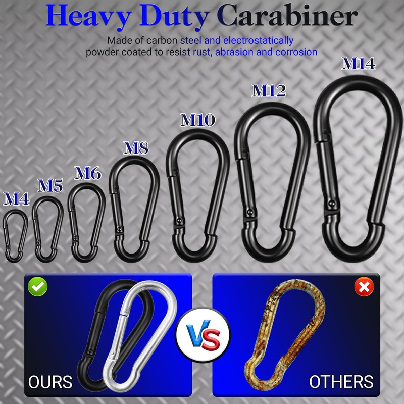 50 Pack 2" Heavy Duty Carabiner Clips, M5 Black Galvanized