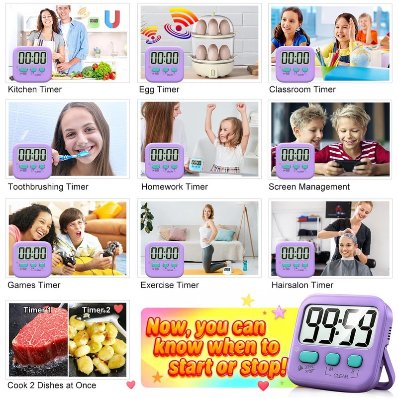 Antonki 2 Pack Digital Timer for Kids, Magnetic Countdown Kitchen