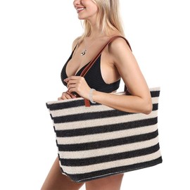 JFAN Straw Beach Bag Large Women's Sea Bag with Zip Casual Shoulder Bag Summer, Black stripe