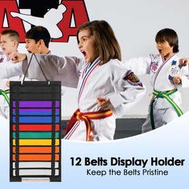 OGANAZI 12 Belts Karate Belt Display Rack, Taekwondo Belt Display Holder with Bamboo Medal Rack, Jiu Jitsu Belt Hanging Holder, Felt Martial Arts Belts Organizer for Taekwondo, Karate, BJJ Learners